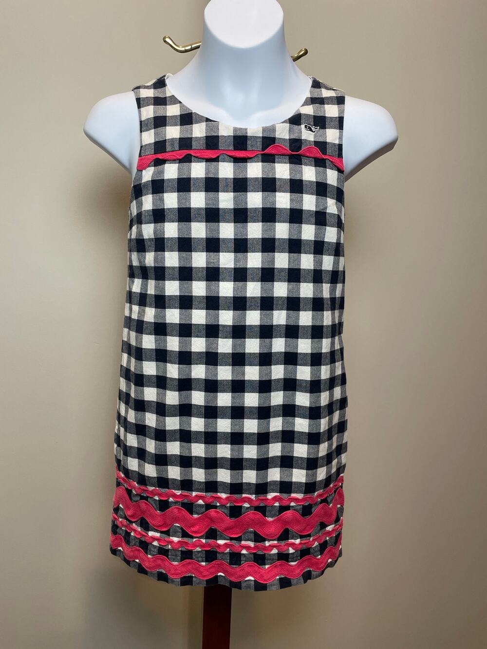 Vineyard Vines Girls Checkered Dress Size 7 Pink Trim Cotton Blend